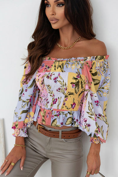 Women's Printed Boat Neck Flare Sleeve Chiffon Blouses