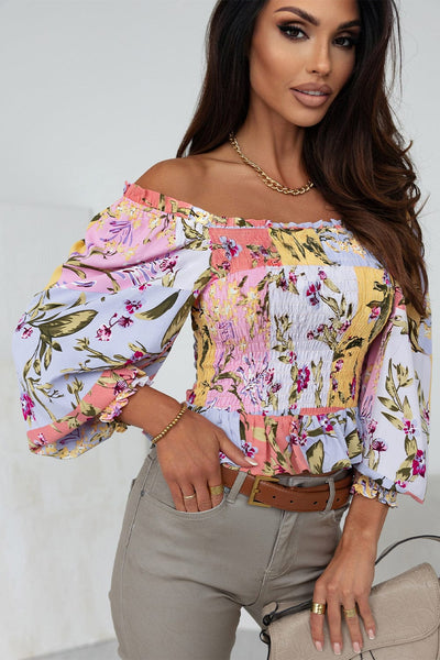 Women's Printed Boat Neck Flare Sleeve Chiffon Blouses