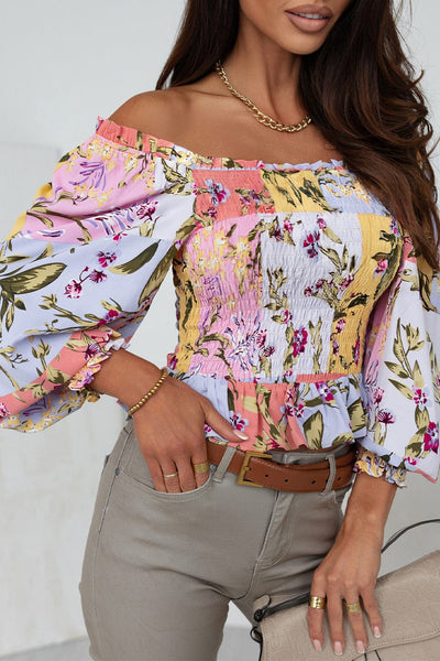 Women's Printed Boat Neck Flare Sleeve Chiffon Blouses