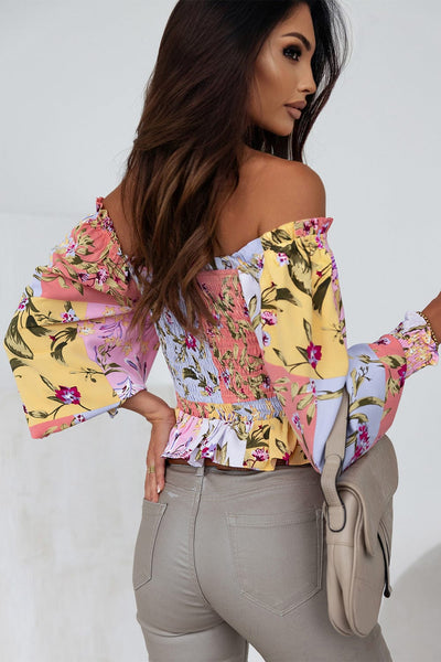 Women's Printed Boat Neck Flare Sleeve Chiffon Blouses
