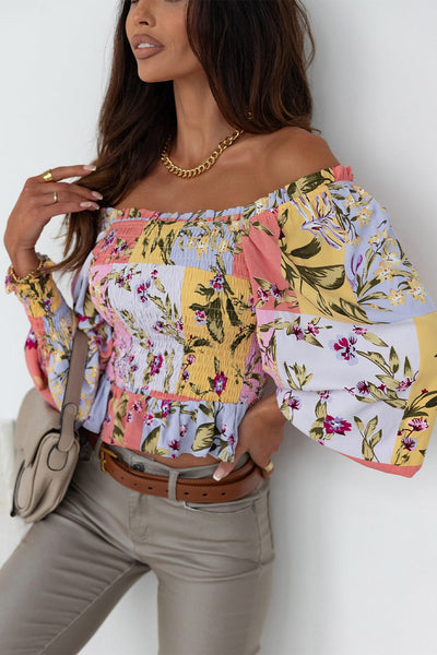 Women's Printed Boat Neck Flare Sleeve Chiffon Blouses
