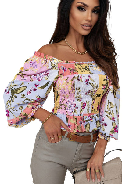 Women's Printed Boat Neck Flare Sleeve Chiffon Blouses