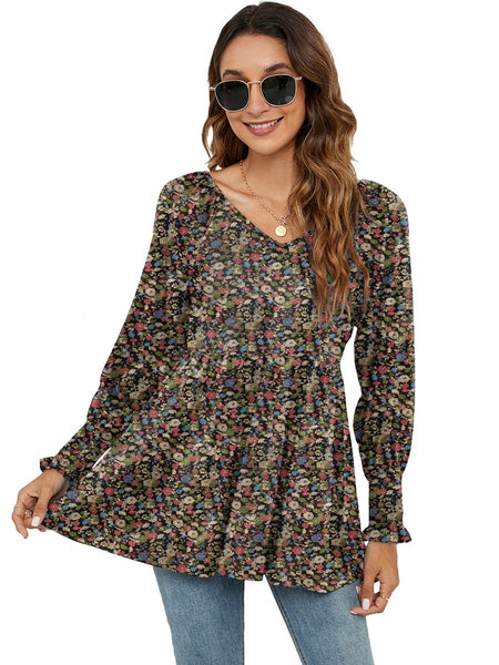 Printed Bubble Long-Sleeved Waist Blouse