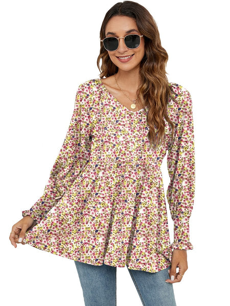 Printed Bubble Long-Sleeved Waist Blouse