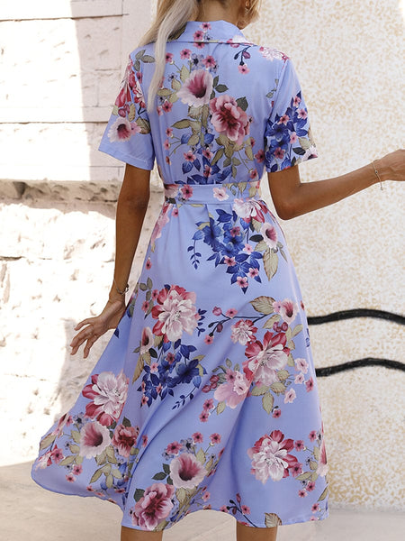 Printed Lace Up Lapel Waist Short Sleeved Midi Dress