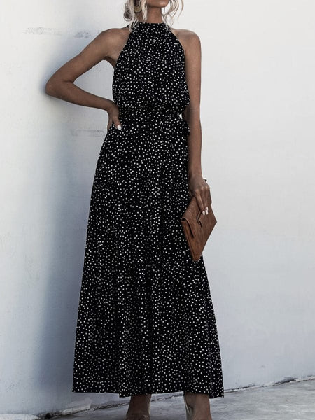 Women's Printed Sleeveless Tie Waist Maxi Dress