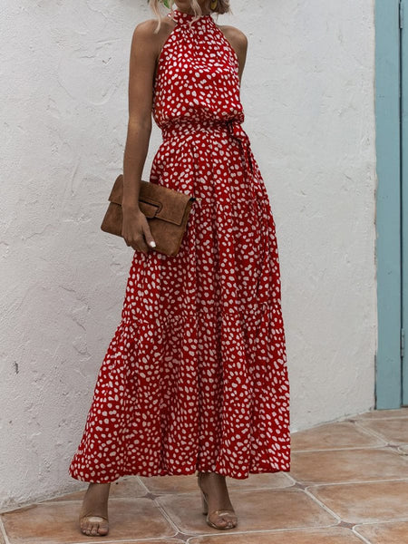 Women's Printed Sleeveless Tie Waist Maxi Dress