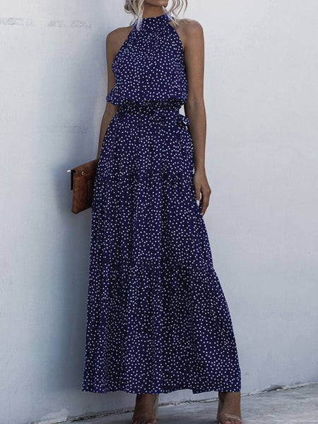 Women's Printed Sleeveless Tie Waist Maxi Dress