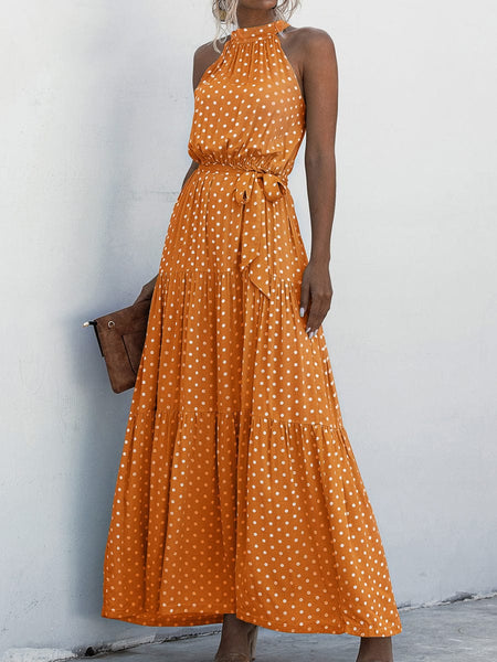 Women's Printed Sleeveless Tie Waist Maxi Dress