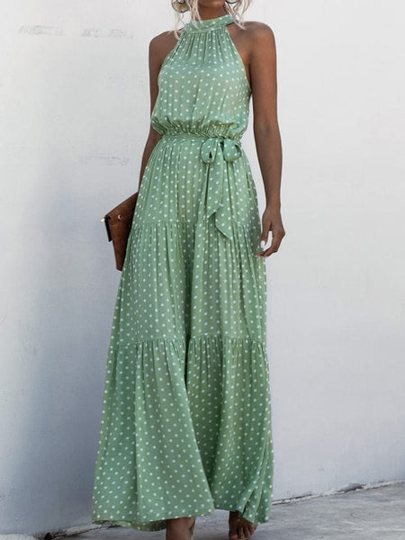 Women's Printed Sleeveless Tie Waist Maxi Dress