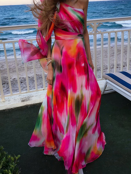 Women's Printed Sloping Shoulder Pleated Dress