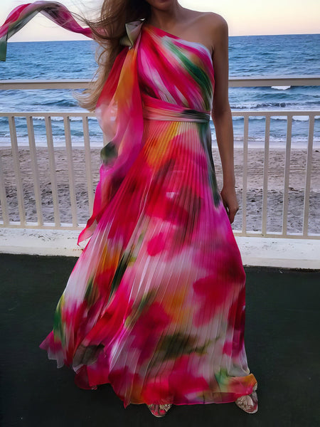 Women's Printed Sloping Shoulder Pleated Dress