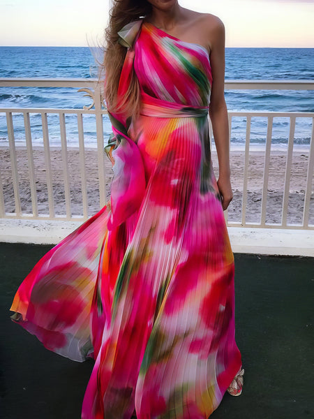 Women's Printed Sloping Shoulder Pleated Dress