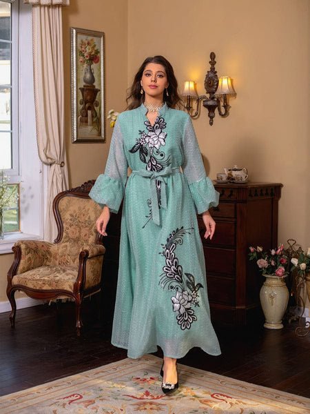 Printed Tie V Neck Long Sleeve Maxi Dress