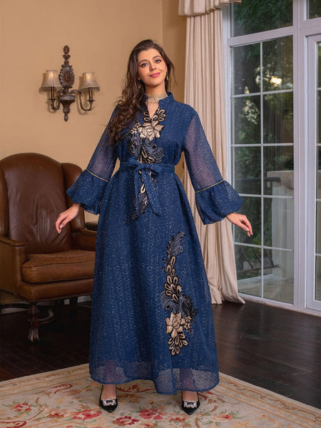 Printed Tie V Neck Long Sleeve Maxi Dress