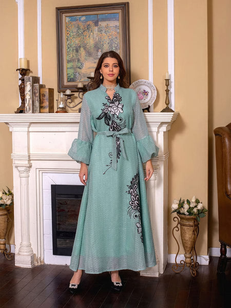 Printed Tie V Neck Long Sleeve Maxi Dress