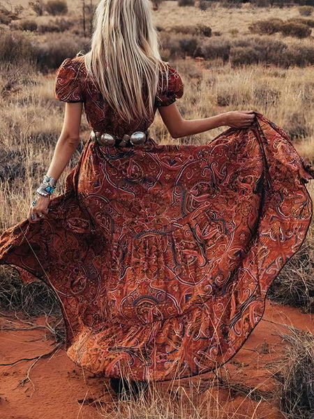 Printed V-Neck Short Sleeve Bohemian Dress