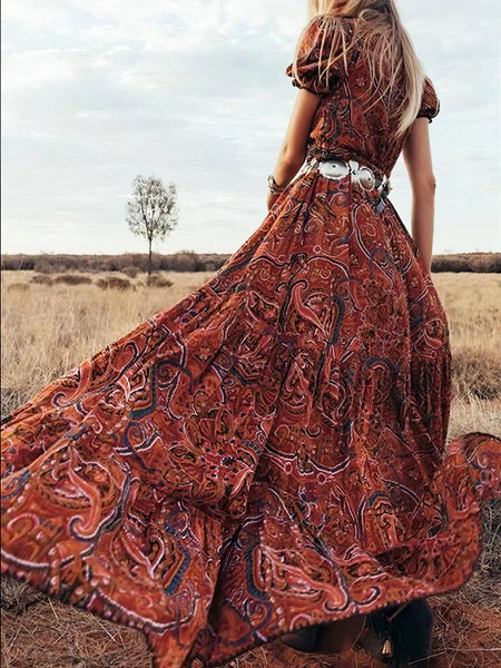 Printed V-Neck Short Sleeve Bohemian Dress