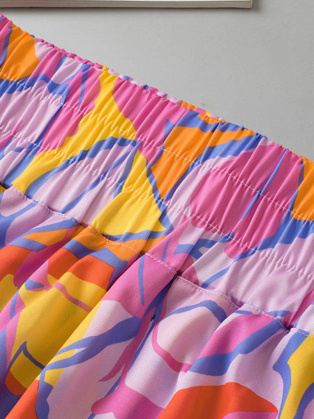 Purple Abstract Pattern Elastic Waist Relaxed Fit Shorts