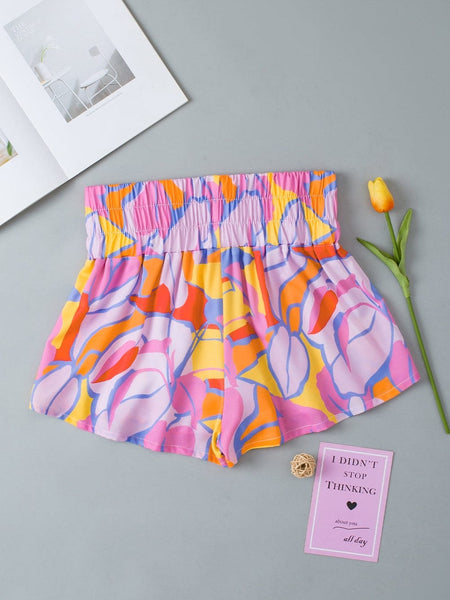 Purple Abstract Pattern Elastic Waist Relaxed Fit Shorts
