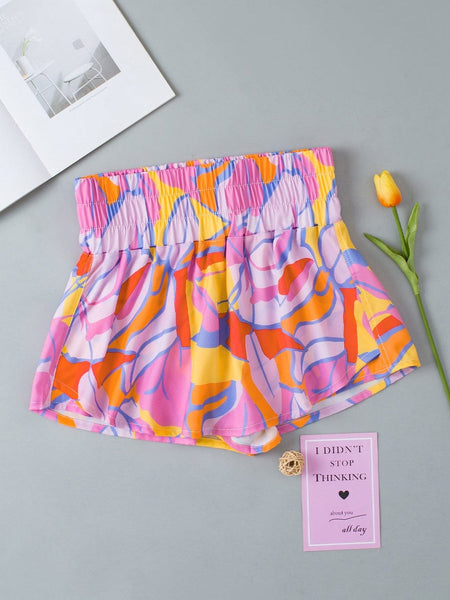 Purple Abstract Pattern Elastic Waist Relaxed Fit Shorts