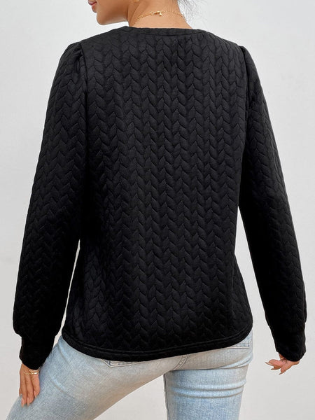 Quilted Black Cable Textured Puff Sleeve Pullover Sweatshirt