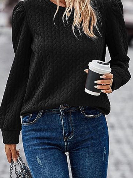 Quilted Black Cable Textured Puff Sleeve Pullover Sweatshirt