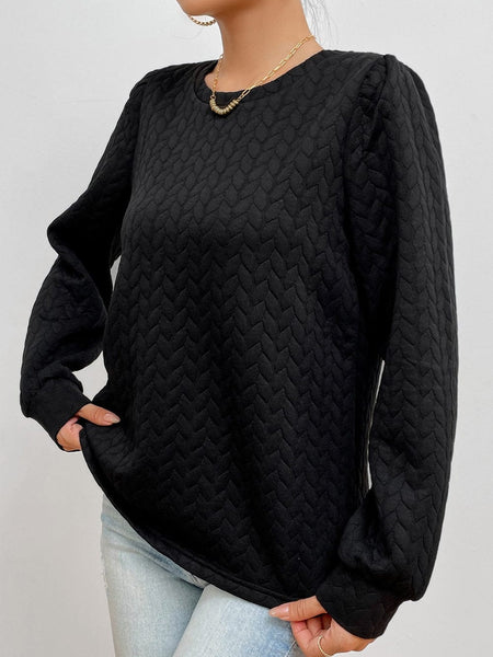 Quilted Black Cable Textured Puff Sleeve Pullover Sweatshirt