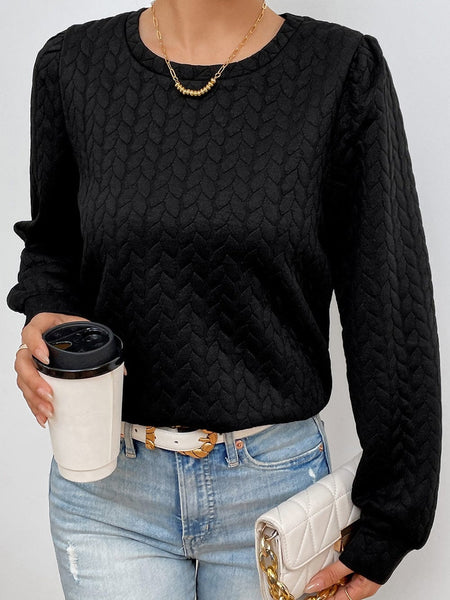 Quilted Black Cable Textured Puff Sleeve Pullover Sweatshirt