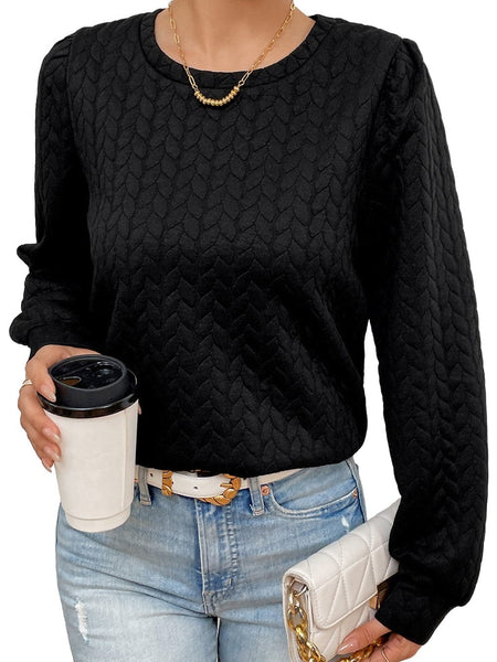 Quilted Black Cable Textured Puff Sleeve Pullover Sweatshirt