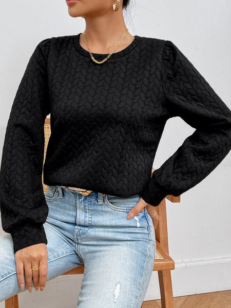 Quilted Black Cable Textured Puff Sleeve Pullover Sweatshirt