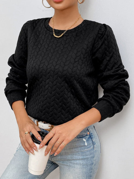 Quilted Black Cable Textured Puff Sleeve Pullover Sweatshirt