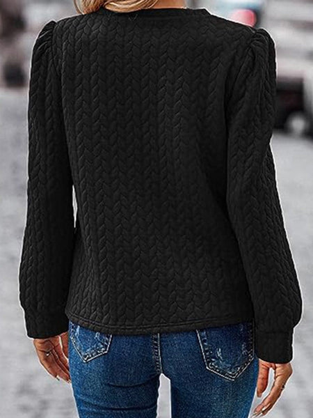 Quilted Black Cable Textured Puff Sleeve Pullover Sweatshirt