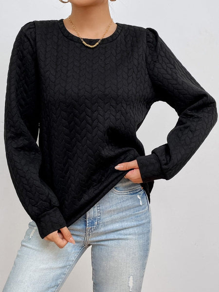 Quilted Black Cable Textured Puff Sleeve Pullover Sweatshirt