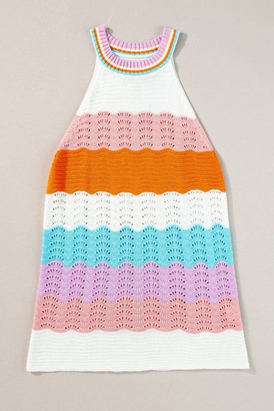 Rainbow Striped Pointelle Knit Sleeveless Sweater Vest