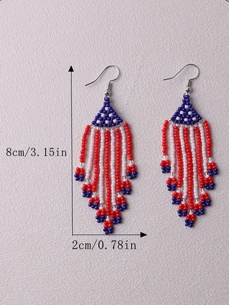 Red Beaded Fringed American Flag Hook Earrings