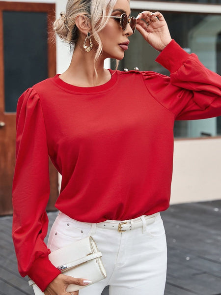 Red Bishop Sleeve Button Detail Sheath Top