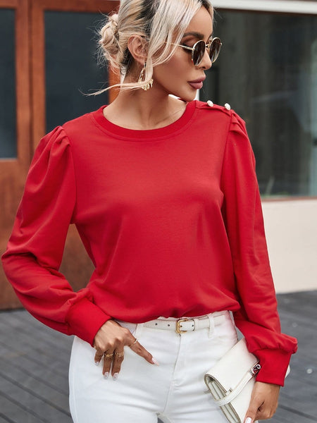 Red Bishop Sleeve Button Detail Sheath Top