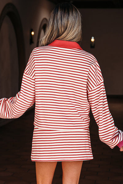 Women's Red Stripe Knit Pullover and Skort Two-Piece Set