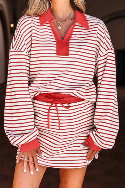 Women's Red Stripe Knit Pullover and Skort Two-Piece Set