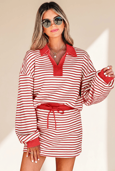 Women's Red Stripe Knit Pullover and Skort Two-Piece Set