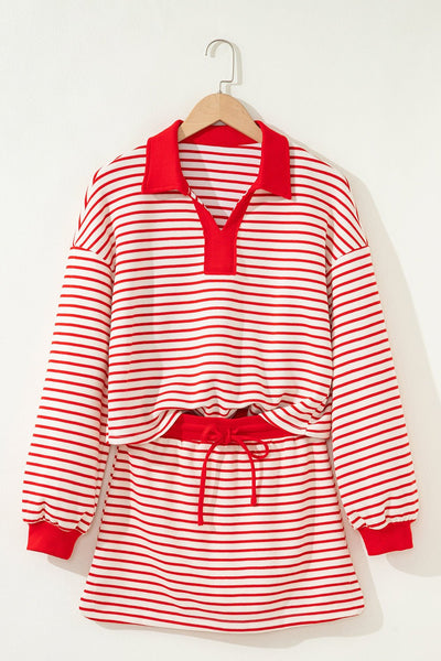 Women's Red Stripe Knit Pullover and Skort Two-Piece Set