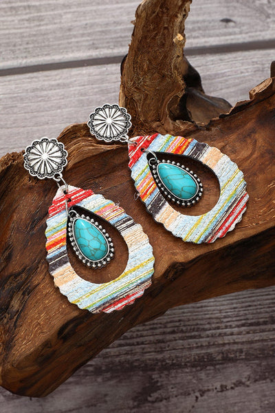 Red Turquoise Waterdrop Leather Earrings with Patchwork Design