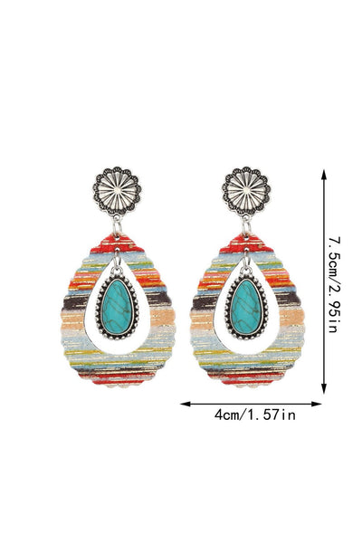 Red Turquoise Waterdrop Leather Earrings with Patchwork Design