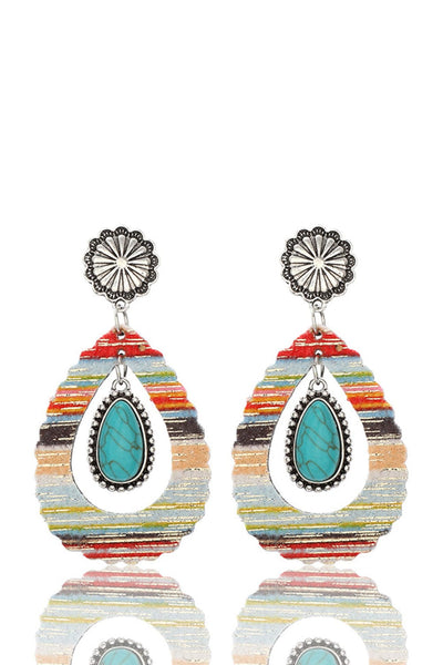 Red Turquoise Waterdrop Leather Earrings with Patchwork Design