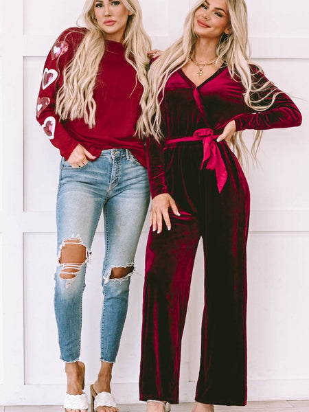 Women's Velvet Wide-Leg Open Back Jumpsuit in Burgundy