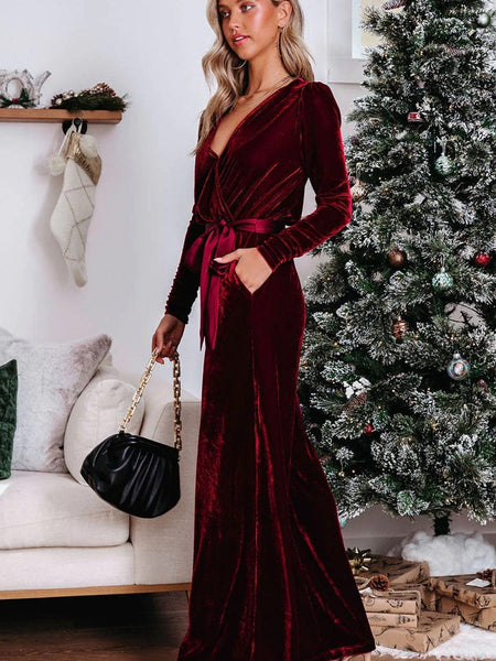Women's Velvet Wide-Leg Open Back Jumpsuit in Burgundy