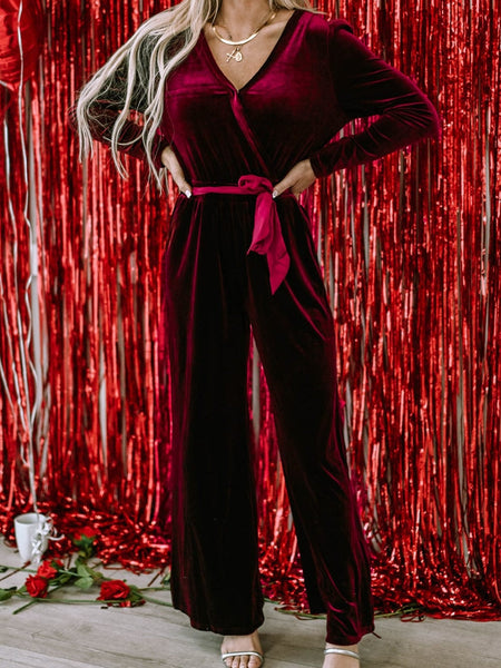 Red Velvet V-Neck Wide Leg Jumpsuit with Waist Tie