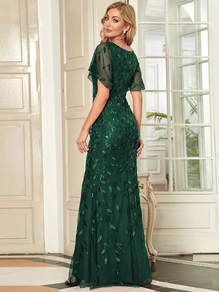 Women's Emerald Leaf-Sequined V-Neck Fishtail Evening Gown