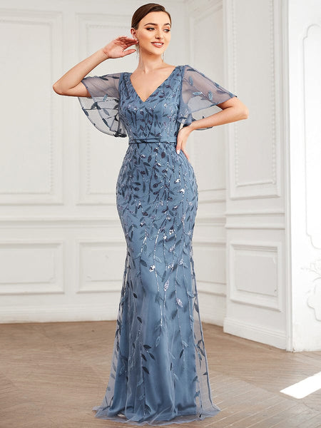 Women's Emerald Leaf-Sequined V-Neck Fishtail Evening Gown